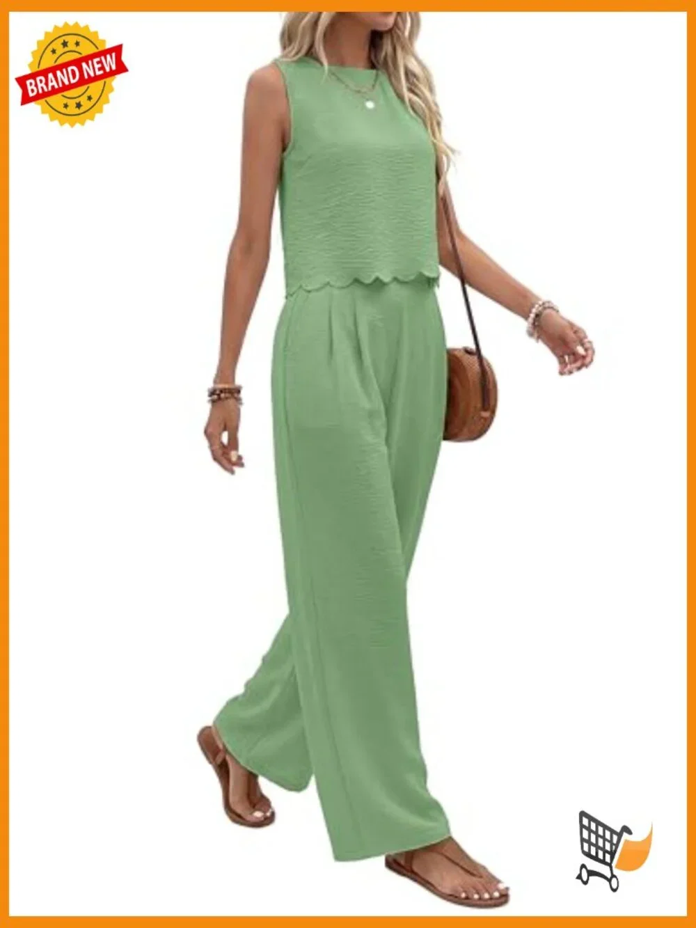 Two Piece Linen Feel Wide Leg Pants Set Sleeveless Cropped Top Matching